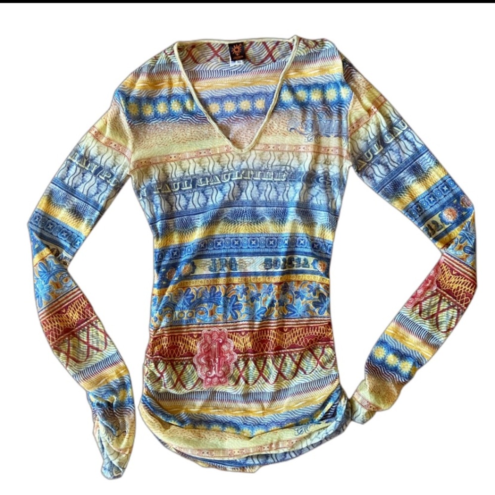 jean paul gaultier currency print mesh top